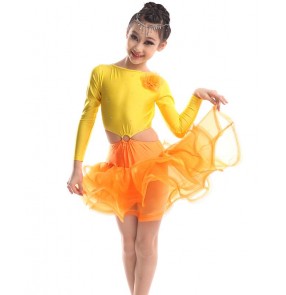 Yellow gold black fuchsia hot pink spandex ruffles hem girls kids children stage performance competition ballroom latin salsa dance dresses outfits